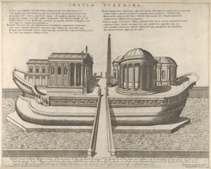 台伯河岛的景象表现为一艘船，左手边是埃斯库拉庇乌斯神庙，1582., 1582.