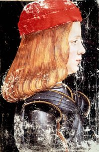 马克西米利安·斯福尔扎 (1490 - 1530) 的肖像。 Giovanni Ambrogio De Predis (v. 1455 - 1508) 的缩影。