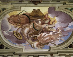 宙斯的愤怒导致辉腾（Phaethon）和他的天体战车的陨落 - Carlone le Genois（1639-1697）制作的错视画中的壁画 - 古老的中世纪城堡，Cagnes派对大厅的天花板（06）