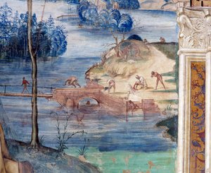 圣莫尔如何在水上行走以拯救普拉西德(Maurus walks on the water to rescue Placid) - 详细 安东尼-巴兹-迪特-索多马(Antonio Bazzi dit il Sodoma)制作的回廊壁画(1477-1549)讲述了圣本笃-努尔西(480-567)骑士团创始人的一生 作者 乔凡尼·安东尼奥·巴齐·索多玛