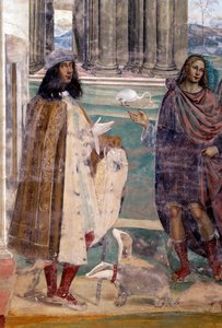 圣本笃修好一个破碎的筛子 艺术家的自画像 - 由 Antonio Bazzi dit il Sodoma (1477 - 1549) 实现的 cloitre 的细节壁画，讲述了圣本笃 (480 - 567) 的生平 1503 年本笃会的创始人 - 1508