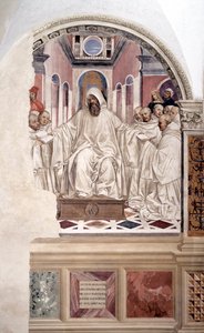 Saint Benedict gives the rule to the monks (本尼迪克特为僧侣们制定规则) 安东尼-巴兹（Antonio Bazzi dit il Sodoma，1477 - 1549）制作的回廊壁画，讲述了努尔西的圣本尼迪克特（480 - 567）本尼迪克特教团创始人的一生 1503年
