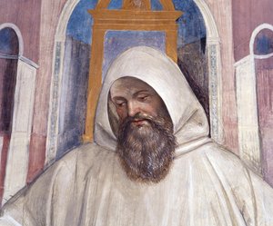 圣本尼迪克特将规则交给 Olivetani 修士 安东尼奥·巴齐 (Antonio Bazzi dit il Sodoma) (1477 - 1549) 制作的 cloitre 详细壁画，讲述了本笃会修士 (Order of Benedictine) 创始人 (1503 年 - 1508 年修道院) 圣本笃 (480 - 567) 的生平 蒙特奥 作者 乔凡尼·安东尼奥·巴齐·索多玛