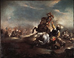 Duel of Knights (Knights fighting) Painting by Giovanni Antonio Guardi (1699-1760) Venice Museo Correr