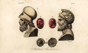 雅典政治家米尔提亚德（Miltiades the Younger）1,2、泰米斯托克勒斯（Themistocles）3,4 和国王皮鲁斯一世（Pyrrhus I）5 的半身像和宝石