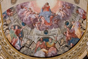 热那亚，圣劳伦斯大教堂（Duomo），内部，莱尔卡里小教堂或圣体小教堂（北侧天顶），天顶："圣母升天"，乔瓦尼-巴蒂斯塔-卡斯特罗（Giovanni Battista Castello）的壁画，又名贝加马斯科（Bergamasco