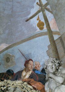 在一幅自画像中，疲惫不堪、老态龙钟的蒂埃波罗弯腰俯视着墙角的图案......（壁画）