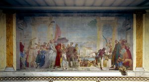 法国国王亨利三世（1551-1589）于 1574 年在威尼斯被费德里科·孔塔里尼（Federico Contarini）在米拉别墅的入口处收到。 乔瓦尼·提埃波罗 (1696-1770) 的绘画 作者 乔凡尼·巴蒂斯塔·提埃波罗