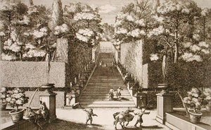蒂沃利埃斯特别墅的大楼梯，出自《Le Fontane》，由乔瓦尼-弗朗西斯科-文图里尼（1650-1710）雕刻，约1675-90年出版（雕刻）。 作者 乔瓦尼·巴蒂斯塔（后）法尔达