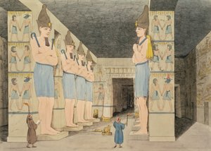 在Giovanni Belzoni发现的Ybsombul，Nubia寺庙内部的视图，由奥古斯丁·阿格里奥（1777-1857）雕刻的板块48，来自埃及和努比亚研究的板块说明，