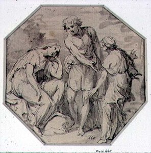 男人和两个女人交谈（画）