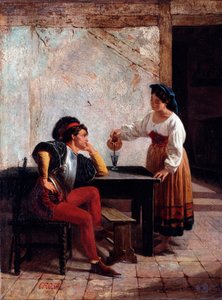 客栈中的年轻仆人和一名士兵 乔瓦尼-巴蒂斯塔-克罗萨（1859-1882 年间活跃）的画作 1865 尺寸 98x64 厘米 热内卢，现代艺术画廊，编号 107 作者 乔瓦尼·巴蒂斯塔·克罗萨