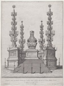 教皇克莱门特十世的卡塔，中央结构位于十五个台阶的顶部，有...，1676年。