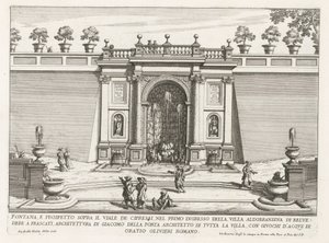 Fontein in de tuinen van de Villa Aldobrandini te Frascati
喷泉和柏树林荫道上的立面（......）（文物标题）
弗拉斯卡蒂别墅中的喷泉（系列标题）
弗拉斯卡蒂的喷泉（系列标题） 作者 乔瓦尼·贾科莫·德罗西