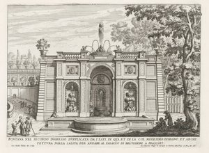 Fontein in de tuinen van de Villa Aldobrandini te Frascati
第二入口处的喷泉 dupplicata da i lati (...) （物品上的标题）
弗拉斯卡蒂别墅中的喷泉（系列标题）
弗拉斯卡蒂的喷泉（系列标题） 作者 乔瓦尼·贾科莫·德罗西