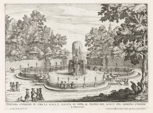 Fontein in de tuinen van de Villa Torlonia te Frascati
阶梯顶端的上部喷泉和剧院上方的瀑布（......）（物品上的标题）
弗拉斯卡蒂别墅中的喷泉（系列标题）
弗拉斯卡蒂的喷泉（系列标题） 作者 乔瓦尼·贾科莫·德罗西