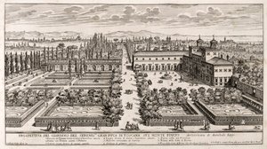罗马美第奇别墅花园透视图，乔瓦尼-巴蒂斯塔-法尔达（1640 年或 1643-1678 年）《花园》（Li Giardni）中的版画