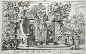 弗拉斯卡蒂Aldobrandina别墅的剧院喷泉，约1675年，来自1687年前出版的《Le Fontane》（雕刻）。 作者 乔瓦尼·巴蒂斯塔·法尔达