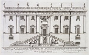 Palazzo Senatorio门面的视图在Piazza del Campidoglio，罗马，由米开朗基罗Buonarroti（1475-1564）开始并且由Girolamo Rainaldi完成（1570-1655）