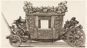 卡斯特尔曼勋爵的第一辆马车（1686 年）侧视图，由安德烈亚-科尔内利于 1686 年仿照西罗-费里（1687-1700 年）建造 作者 乔瓦尼·巴蒂斯塔·莱纳迪