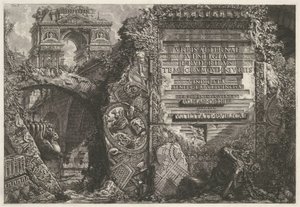 展示古代遗迹和凯旋门的正面插图
Le Antichità Romane》第一卷封面插图
Urbis aeternae vestigia e r uderibus temporumque iniriis vindicata aeneis tabulis incisa I. B. Pranesius Venet Romae degens aevo suo posteris et utilitati 作者 乔凡尼·巴蒂斯塔·皮拉涅西