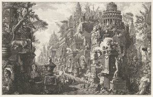 正面小插图，幻想再现古阿皮亚之路
Le Antichità Romane》第二卷的正面插图
Antiquus bivii viarum appiae et ardeatinae prospectus ad II lapidam extra portam capenam（标题见实物）
和的考古发现 作者 乔凡尼·巴蒂斯塔·皮拉涅西