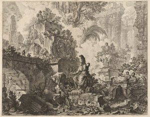 序片，废墟幻想，前景中央为密涅瓦雕像，选自 Vedute di Roma（《罗马风光》）。 作者 Giovanni-Battista Piranesi