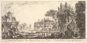 图19：大约在Porta S. Sebastiano ...外三英里外的古老Appian Way的一部分。 1748年。 作者 Giovanni Battista Piranesi