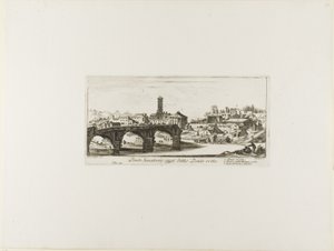 参议院桥，今称 Ponte Rotto [断桥]。1.维斯塔神庙。2.维利尔斯女神庙3.古帕拉丁宫的一部分，选自《凯旋门和其他古迹的一些景观》，图版 14 作者 乔凡尼·巴蒂斯塔·皮拉涅西
