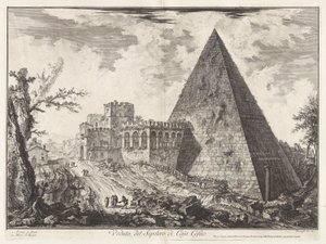 Veduta del Sepolcro di Cajo Cestio（凯厄斯-凯斯提乌斯金字塔陵墓景观[左侧为圣保罗门]），选自《罗马景观》。 作者 乔凡尼·巴蒂斯塔·皮拉涅西