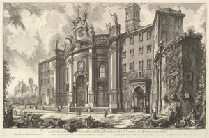 S. Croce大教堂的正面看法在Gerusalemme [在耶路撒冷的圣洁十字架…，大约。 1750。 作者 乔凡尼·巴蒂斯塔·皮拉涅西