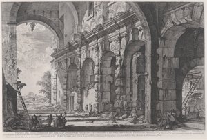 由多米蒂安皇帝（Emperor Domitian）建造的野生动物笼上层的视图，与Flavian露天剧场相关联，通常被称为Curia Hostilia，约1760年-1778年（蚀刻） 作者 乔凡尼·巴蒂斯塔·皮拉涅西
