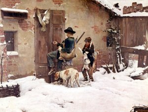 狩猎归来。G.Quadrone 的画作。1890 年米兰