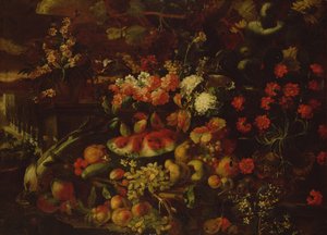 静物与水果，蔬菜和鲜花 作者 Giovanni Battista Ruoppolo or Ruopolo