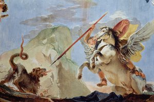 Bellerophon，骑飞马，杀死Chimaera，天花板壁画的细节也见64554 作者 乔凡尼·巴蒂斯塔·提埃波罗