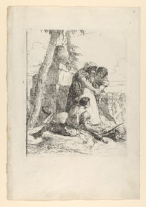 魔术师指着一个燃烧的头颅给两个年轻人看，来自《Scherzi》，约1743-50。 作者 乔凡尼·巴蒂斯塔·提埃波罗