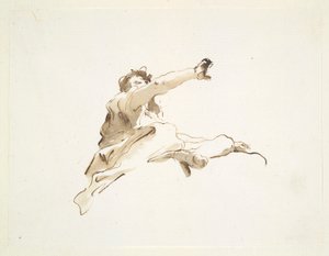 人物坐姿，头转向左侧，举起右臂，从下往上看 作者 Giovanni-Battista Tiepolo