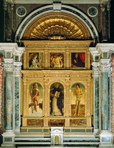 圣母领报和圣母像、圣克里斯托弗、圣多米尼克和圣塞巴斯蒂安，predella：圣文森佐-费雷里的奇迹（木板绘画） 作者 乔凡尼·贝里尼（Giovanni Bellini）