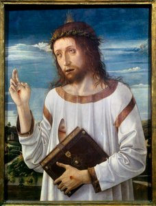 Giovanni Bellini dit il Giambellino (1430-1516) 1460 Sun.0.58x0.46 m - 基督祝福。 Giovanni Bellini 的画作 Giambellino (1430-1516) 1460。0.58 x 0.46 m。 巴黎卢浮宫博物馆 作者 乔凡尼·贝里尼（Giovanni Bellini）