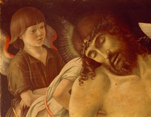 《圣母怜子图》或由天使支持的死去的基督，约 1474 年，乔瓦尼·贝利尼 (Giovanni Bellini)（1431-36 - 1516）创作，画在面板上，蛋彩画，91x131 厘米。 细节。 作者 乔凡尼·贝里尼（Giovanni Bellini）