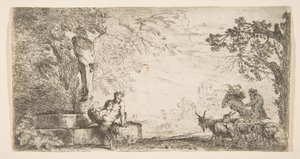 一个色狼，斜倚在普里珀斯（Priapus）雄蕊的脚下，右边是山羊。 1645-48。 作者 乔凡尼·贝内代托·卡斯蒂廖内
