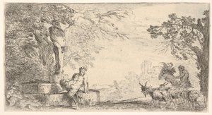 一个色狼，斜倚在普里珀斯（Priapus）雄蕊的脚下，右边是山羊。 1645-48。 作者 乔凡尼·贝内代托·卡斯蒂廖内