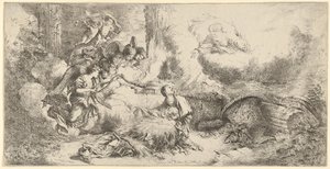 与父神和天使的诞生，ca。 1647-50。 作者 乔凡尼·贝内代托·卡斯蒂廖内