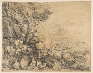 两只牧羊人，一头驴和其他动物在风景中，ca。 1638-1640。 作者 乔凡尼·贝内代托·卡斯蒂廖内