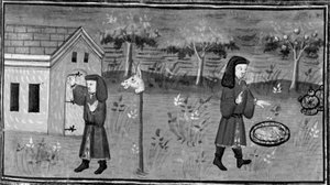 十日谈》，弗雷德里克敲开了苔莎夫人的家门；他在一棵桃树下找到了食物和美酒。第七天，短篇小说 1 作者 乔瓦尼·薄伽丘