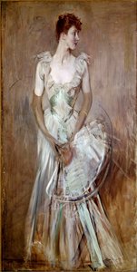 美丽的时期：““Leusse nee Berthier 伯爵夫人的肖像”“”穿着优雅的白色晚礼服的女人。 Giovanni Boldini (1842-1931) 作画 200x105 厘米 Pistoia，Boldini 收藏 作者 乔凡尼·博尔迪尼（Giovanni Boldini）