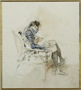 绅士坐在扶手椅上看书，抽烟斗 作者 乔凡尼·博尔迪尼（Giovanni Boldini）