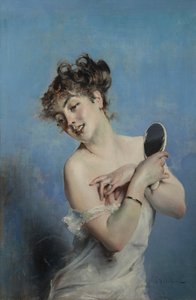 Giovane donna in déshabillé La toilette, c. 1880. 作者 乔凡尼·博尔迪尼（Giovanni Boldini）