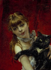 与黑猫在一起的女孩，约 1885 年（布面油画） 作者 乔凡尼·博尔迪尼（Giovanni Boldini）