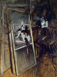 画家工作室内部，有乔万尼-波尔迪尼（1842-1931）的画作《年轻女孩，埃拉苏里兹》。 作者 乔凡尼·博尔迪尼（Giovanni Boldini）